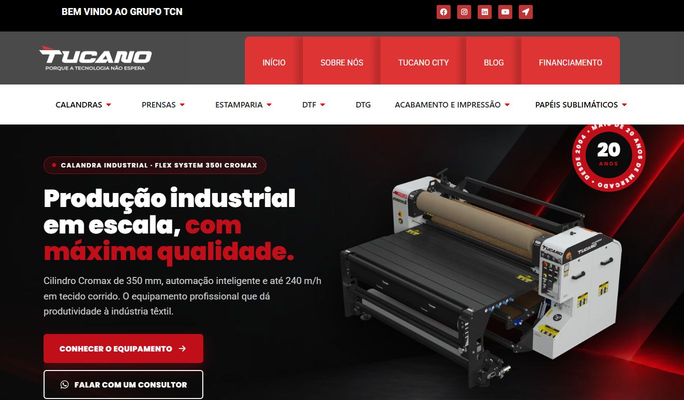 Página inicial do site Tucano Equipamentos